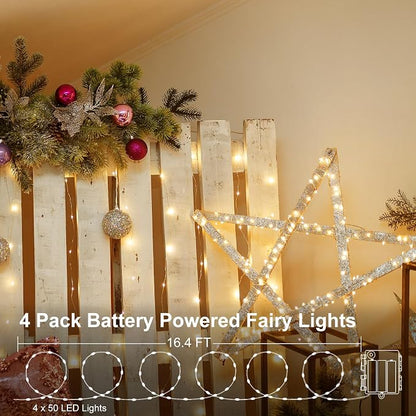 4 Pack Battery Fairy Lights 16.4 Ft 50 LED Christmas Timer Fairy Light | Waterproof Silver Wire Battery Twinkle Lights with Auto Timer 8 Modes for Xmas Wreath Decor, Warm White