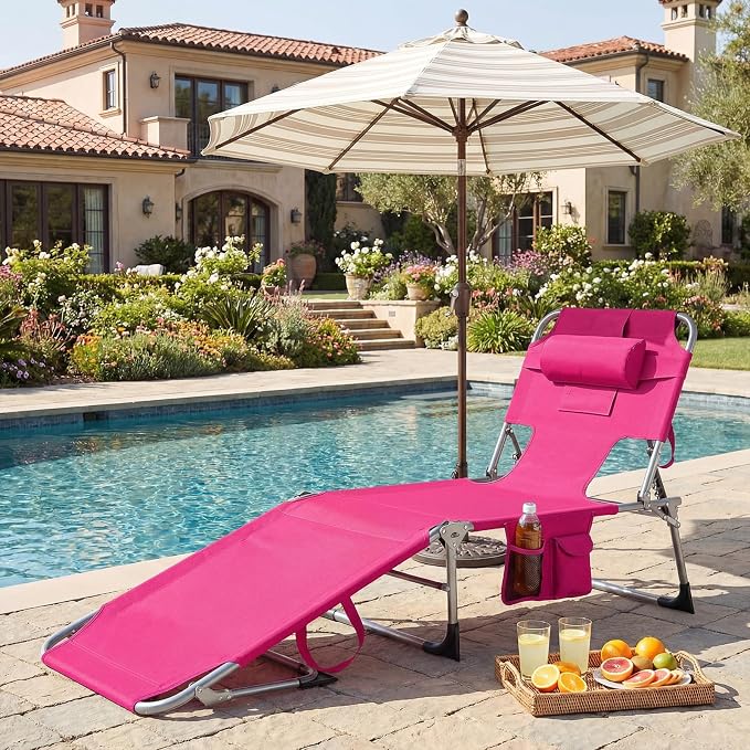 HAPPYGRILL Folding Tanning Chair with Face Hole, Outdoor Beach Sunbathing Chaise Lounge with Adjustable Backrest, Side Pocket, Pillow, Portable Recliner for Poolside Backyard