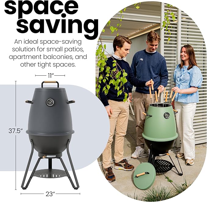 Kandu Outdoor Charcoal Oven Grill, Jungle Green - Cooks from All Directions, Space Saving, Includes 8 Skewers, Up to 750 Degrees - Quick Vertical Cooking Locks in Flavor, Nutrients & Moisture