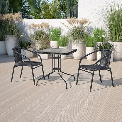 Flash Furniture Lila 28'' Square Glass Metal Table with Black Rattan Edging and 2 Black Rattan Stack Chairs