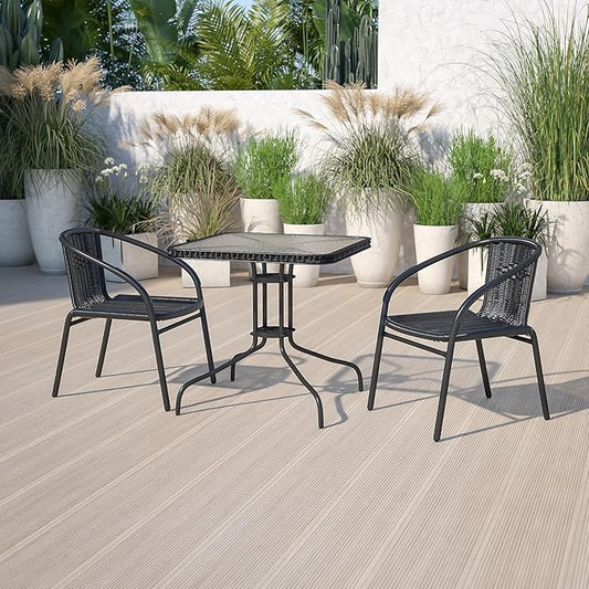 Flash Furniture Lila 28'' Square Glass Metal Table with Black Rattan Edging and 2 Black Rattan Stack Chairs
