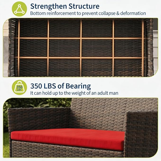 4-Piece Outdoor Furniture Set, PE Rattan Wicker Chairs with Soft Cushions & Tempered Glass Coffee Table - All-Weather Patio Set for Garden, Backyard, Porch, Poolside (Brown/Red)