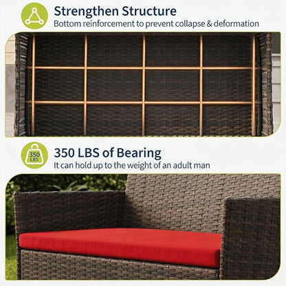 4-Piece Outdoor Furniture Set, PE Rattan Wicker Chairs with Soft Cushions & Tempered Glass Coffee Table - All-Weather Patio Set for Garden, Backyard, Porch, Poolside (Brown/Red)