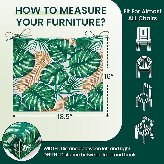 HARBOREST Outdoor Chair Cushions Set of 4, Water Resistant Patio Chair Cushions with Ties, Square Corner Outdoor Seat Cushions for Patio Furniture, 18.5"x16"x3", Frond