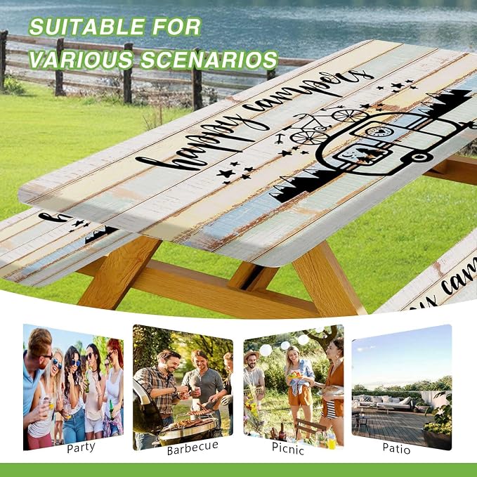 JAWO Picnic Table Cover with Bench Covers 3 Piece Set, Vintage Wooden Camper Pine Tree Camping Elastic Fitted Picnic Tablecloth Outdoor Camping Patio Picnic Table, 30X72 inch