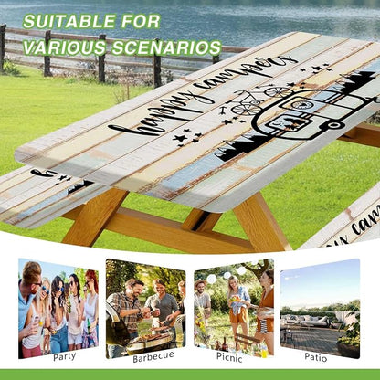JAWO Picnic Table Cover with Bench Covers 3 Piece Set, Vintage Wooden Camper Pine Tree Camping Elastic Fitted Picnic Tablecloth Outdoor Camping Patio Picnic Table, 30X72 inch