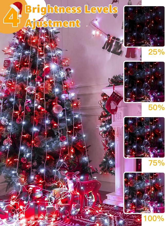 Guhope Christmas Lights 600 LED 98FT, Waterproof Outdoor String Lights with Remote and Timer, 8 Modes Dimmable Fairy Lights for Indoor Outdoor Wedding Party Holiday Decorations (Red and White)