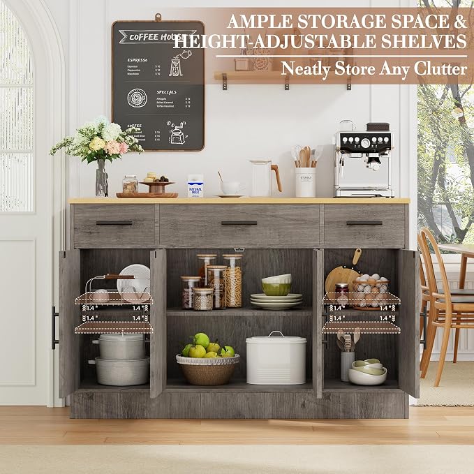 Shintenchi Buffet Cabinet with Storage,53.4" Large Kitchen Storage Cabinet with 3 Drawers and 4 Doors,Wood Farmhouse Buffet Sideboard with Adjustable Shelf for Kitchen Living Room, Gray