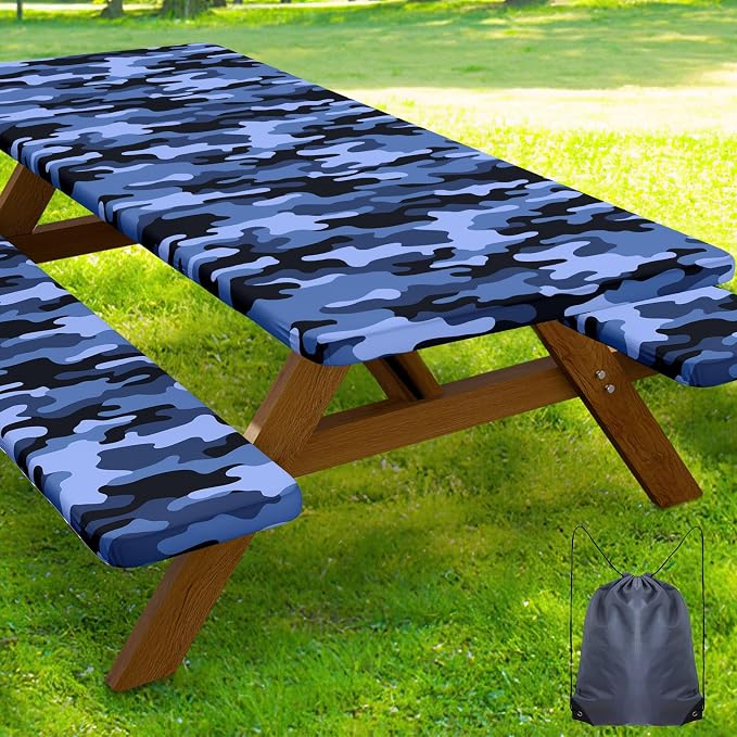 Smiry Picnic Table Cover with Bench Covers, Waterproof Elastic Fitted Tablecloth for 6 Foot Tables, Washable Polyester Camo Tablecloths for Camping & Patriotic Decor (Ocean Blue, 30x72 Inch 3-pc Set)