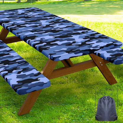 Smiry Picnic Table Cover with Bench Covers, Waterproof Elastic Fitted Tablecloth for 6 Foot Tables, Washable Polyester Camo Tablecloths for Camping & Patriotic Decor (Ocean Blue, 30x72 Inch 3-pc Set)