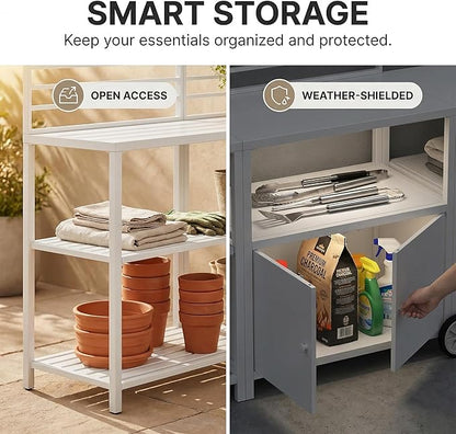 Vikiullf Aluminum Modular Outdoor Kitchen Island with Stainless Steel Sink, Movable Cart and Storage Cabinet, for Backyard BBQ, Porch Party (White Corner)