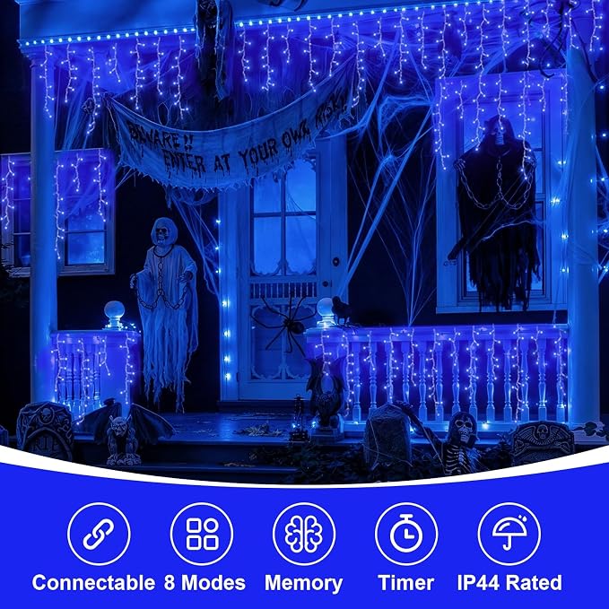 QITONG Blue Icicle Lights for Outside, 33ft 400 LED String Lights Plug in with 8 Modes, Clear Wire Connectable Icicle Christmas Light Indoor