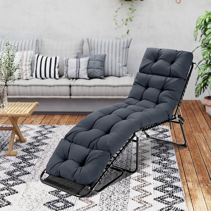 Tangkula Chaise Lounge Cushions Outdoor, 73 x 22 Inch Patio High Back Recliner Cushion with 4 String Ties, 4” Thick Padded Lounge Chair Cushion Replacement for Outdoor Indoor Furniture (1, Gray)