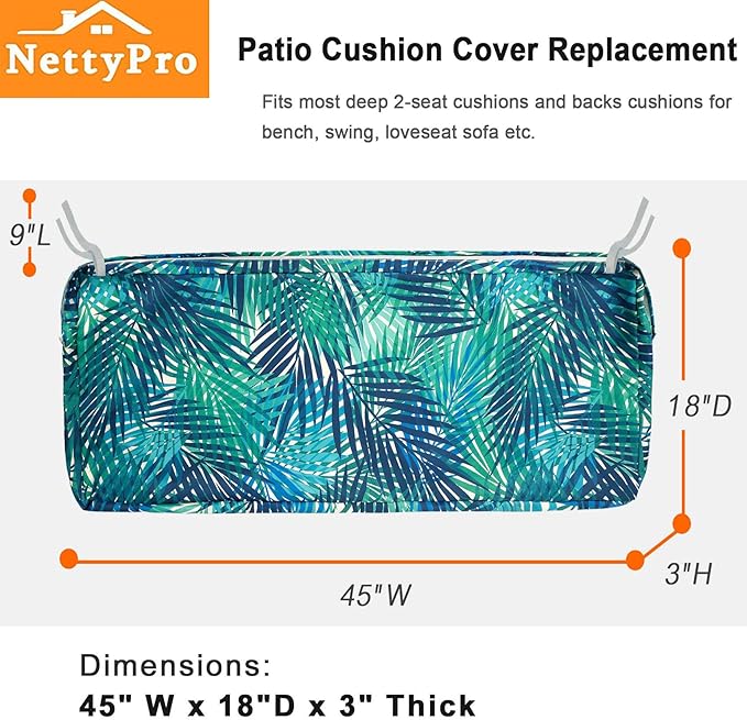 NettyPro Patio Bench/Swing Cushion Cover 45 x 18 x 3 Inch, Water Resistant UV Protection Outdoor Furniture Loveseat Cushion Slipcover with Zipper, Replacement Cover Only