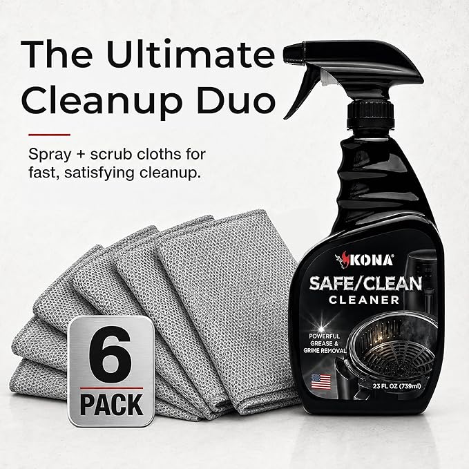 Kona Safe/Clean Air Fryer Cleaner and Degreaser Kit for Ninja Woodfire Grill, Smoker and Oven - 23oz Fume-Free No-Drip Gel Spray with 6 Stainless Steel Scrub Cloths