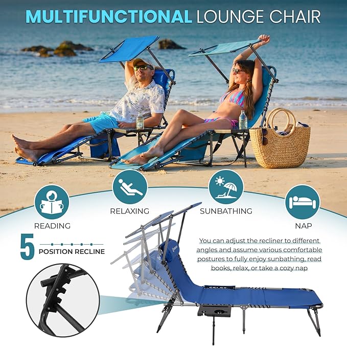 FUNDANGO Heavy Duty Tanning Chair with Face Hole & Canopy, 400lbs Beach Lounge Chair with Side Table, 5-Position Sun Lounger for Outdoor Patio Pool-Face Down Chaise with Anti-Pinch Safety Lock,Blue