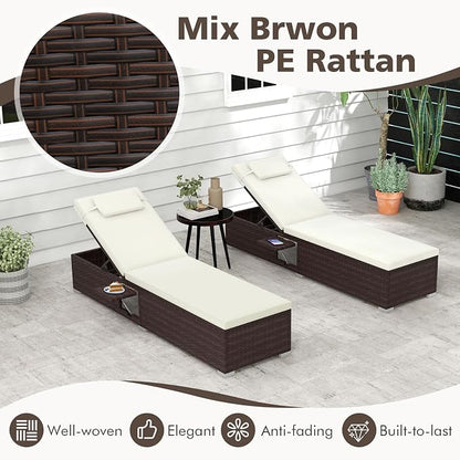 Tangkula Patio Chaise Lounge, Outdoor Rattan Lounge Chair w/ 6-Level Backrest, Comfy Seat Cushion & Headrest, Sturdy Metal Frame, Outside Reclining Chair for Backyard, Poolside (1, Off White)