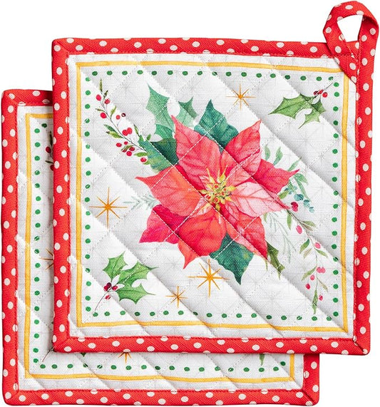 Maison d' Hermine Pot Holders Set 100% Cotton Heat Resistant Potholders 8" x 8" Hot Pads with Loop for Thanksgiving Christmas Decorations Baking Handling Hot Pans (Pack of 2, Poinsettia Christmas)