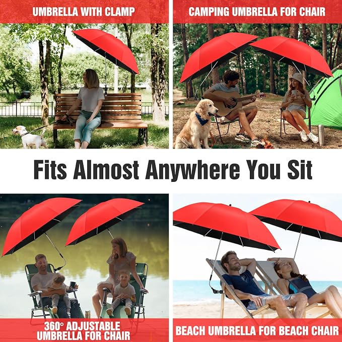 2 PACK Beach Umbrella with Clamp, 360 ° Adjustable Umbrellas for Chair, UPF50+ Umbrella for Beach Chair, Patio Chair, Wheelchair, Camping Chair, Golf Carts (Chair Not Included)