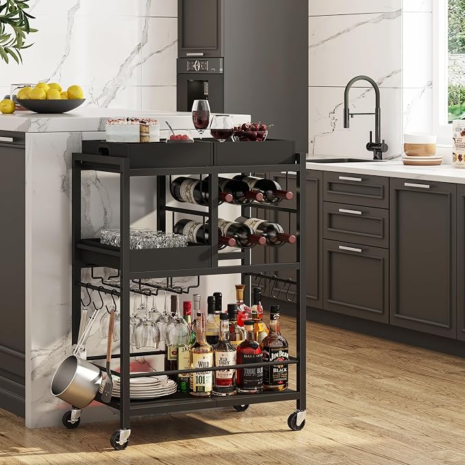 TUTOTAK Bar Cart with Wheels, Drink Cart with Wine Rack and Glass Holder | 3-Tier 24.8 Inch Wide Home Bar Serving Carts, Small Mobile Kitchen Shelf with 6 Hooks, Black BC01BK037