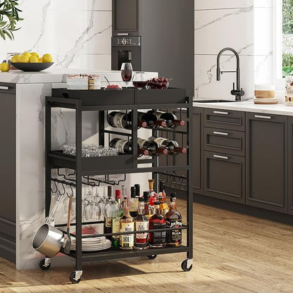 TUTOTAK Bar Cart with Wheels, Drink Cart with Wine Rack and Glass Holder | 3-Tier 24.8 Inch Wide Home Bar Serving Carts, Small Mobile Kitchen Shelf with 6 Hooks, Black BC01BK037