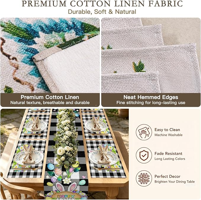 Nuxovilar Tablerunner and Placemats Set of 7 Black-White Plaid Easter Decor Linen Square Placemats for Dining Dining Sets and Accessories Family Dinner, Easter Celebration, Restaurant Setup