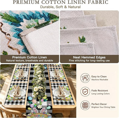 Nuxovilar Tablerunner and Placemats Set of 7 Black-White Plaid Easter Decor Linen Square Placemats for Dining Dining Sets and Accessories Family Dinner, Easter Celebration, Restaurant Setup