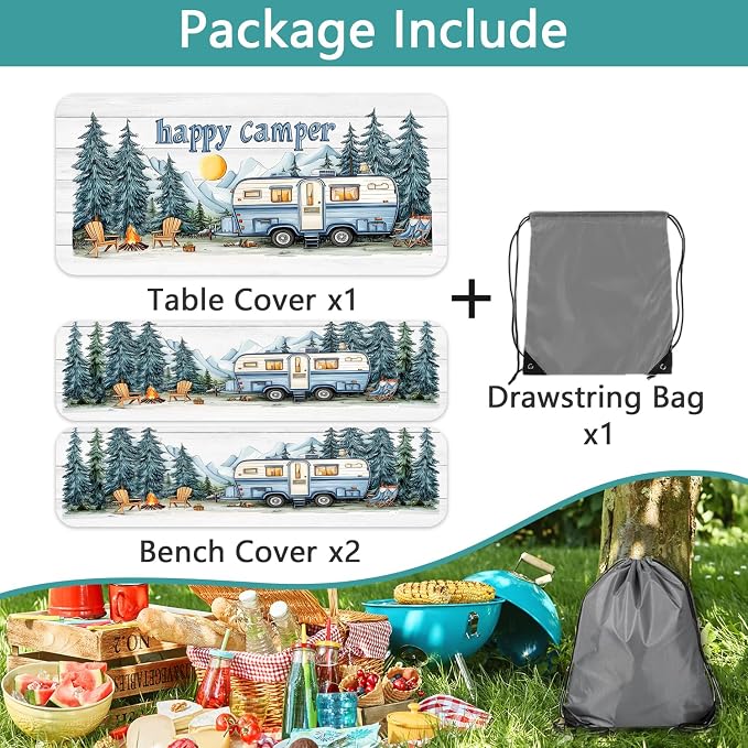 Picnic Table Cover with Bench Covers Elastic Edges, Outdoor Patio Camping Essentials 96 Inch 3PCS, Camper Fitted Table Cover, Waterproof Rectangle Tablecloth with Drawstring Bag,RV
