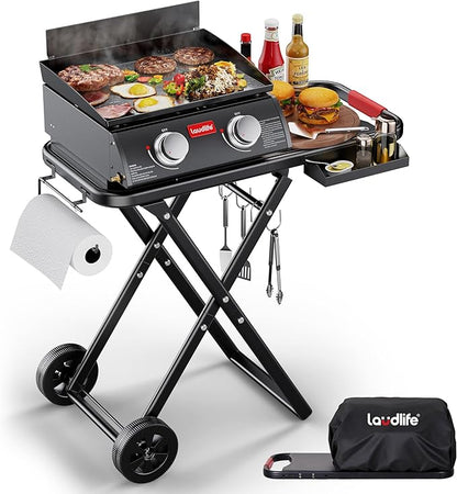 Laudlife Portable Propane Gas Griddle with Collapsible Stand, Non-Stick Enameled Cast Iron, 342 SQ.IN Cooking Space, 2 Burners Flat Top Griddles for Camping, Tailgating, Outdoor Cooking
