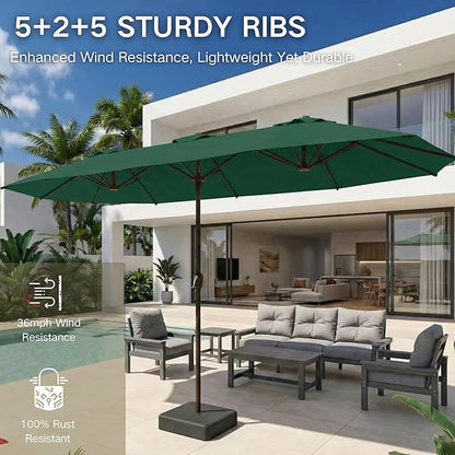 Kingdura 13ft Large Patio Umbrella with Base Included, Double-Sided Rectangle Outdoor Table Umbrella with 12 Reinforced Ribs, Crank Lift for Market Pool Deck Backyard, Dark green