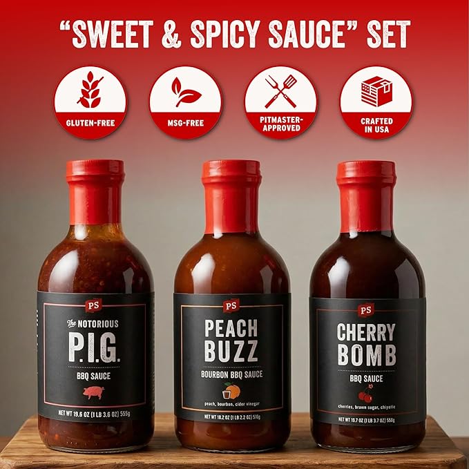 PS Seasoning Sweet Spicy BBQ Sauce Variety 3 Pack - Peach Buzz, Cherry Bomb, and Notorious PIG Gourmet Barbecue Sauce Set for Grilling Cooking Marinades Glazing Gift Pack Premium Flavor Collection