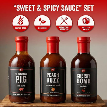 PS Seasoning Sweet Spicy BBQ Sauce Variety 3 Pack - Peach Buzz, Cherry Bomb, and Notorious PIG Gourmet Barbecue Sauce Set for Grilling Cooking Marinades Glazing Gift Pack Premium Flavor Collection