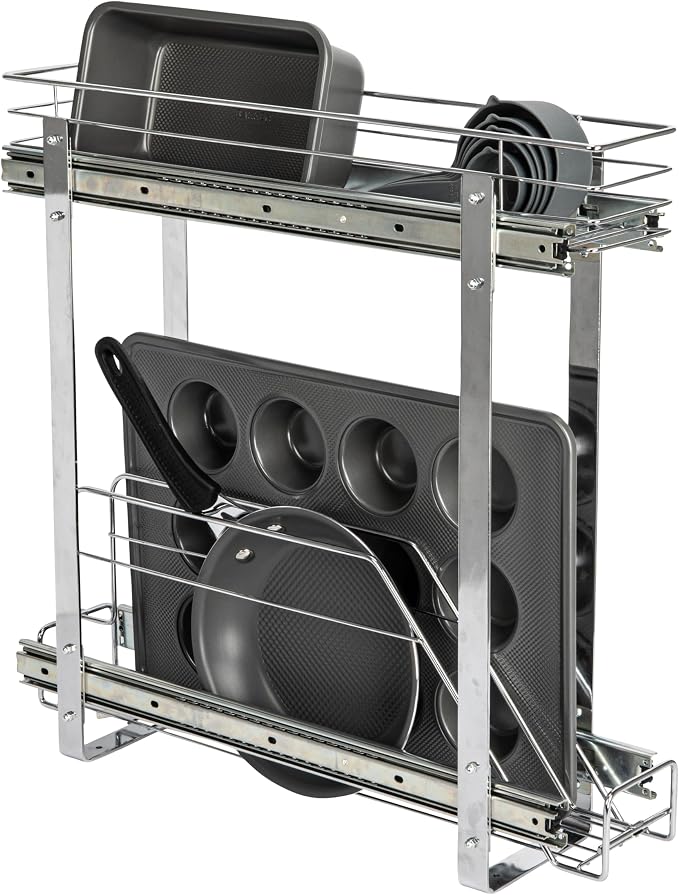 Household Essentials Glidez Multipurpose Chrome-Plated Steel Pull-Out/Slide-Out Storage Organizer for Cookware and Bakeware - 2-Tier Design - Fits Standard Size Cabinet or Shelf, Chrome