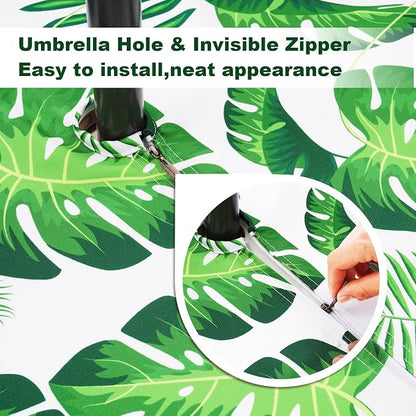 SquarePie Rectangle Outdoor Tablecloth with Umbrella Hole and Zipper 60x104 inch Waterproof Spillproof Patio Table Cloth Cover for Spring Summer Garden Party BBQs Host Backyard, Palm Leaf