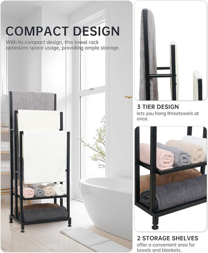 ZOES HOMEWARE Heavy Duty Pool Towel Rack for Outdoor | 3 Tier Free Standing Towel Rack with 2 Storage Shelves | Anti-Rust Stand Rack for Outdoor,Pool &Bathroom | Black, 41"x16"x12"