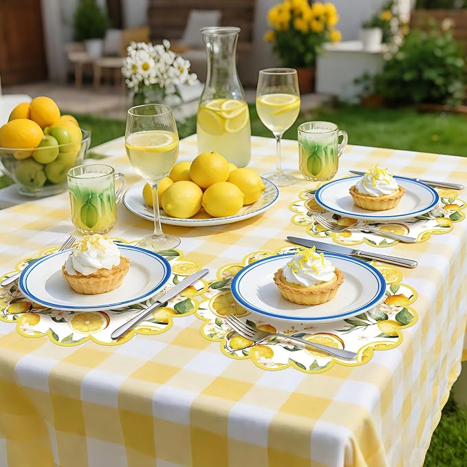 100 Pcs Lemon Paper Placemats Yellow Fruit Place Mats 13.5 Inch Disposable Round Decorative Dining Table Mats with Scalloped Edges Paper Cutouts for Spring Birthday Bridal Wedding Party Supplies