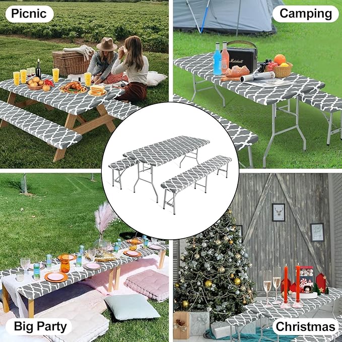 OutdoorLines Vinyl Fitted Picnic Table Cover with Bench Covers | Elastic Waterproof Camping Tablecloth for Picnic Table (Moroccon Gray 72x30 Inch, 3 Pcs)