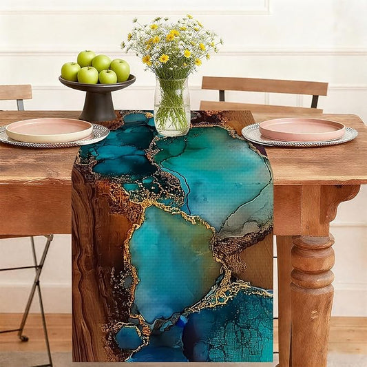 Turquoise Marble Table Runner,Dining Decor for Kitchen Coffee Table Family Dinners Holiday Parties Wedding Events Decor(13x72 inch)