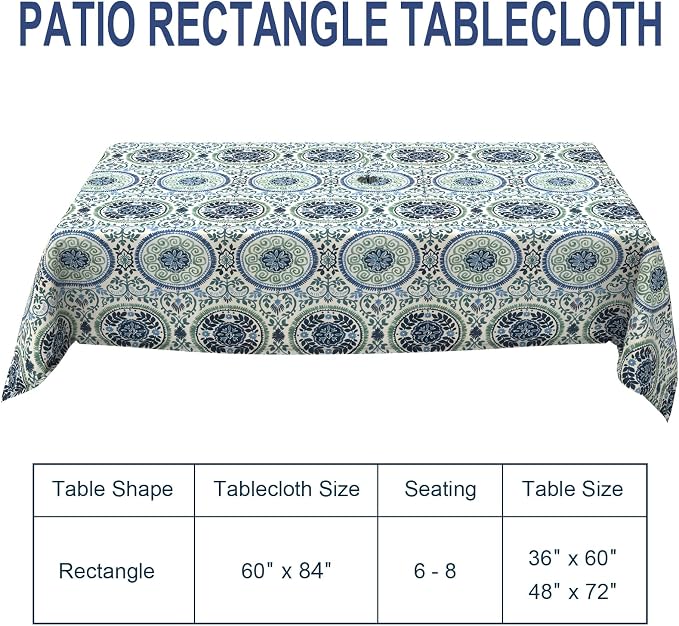 Outdoor Rectangle Tablecloth, 60×84 Inch Water Repellent Picnic Table Cover with Umbrella Hole Zipper for Patio Family Meal, Celadon Wreath