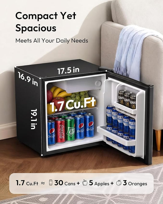 EUHOMY 1.7 Cu.Ft Mini Fridge, Reversible Single Door Compact Refrigerator, Adjustable Thermostat, Energy Saving, Mini Fridge for Bedroom, Office, Dorm, Black