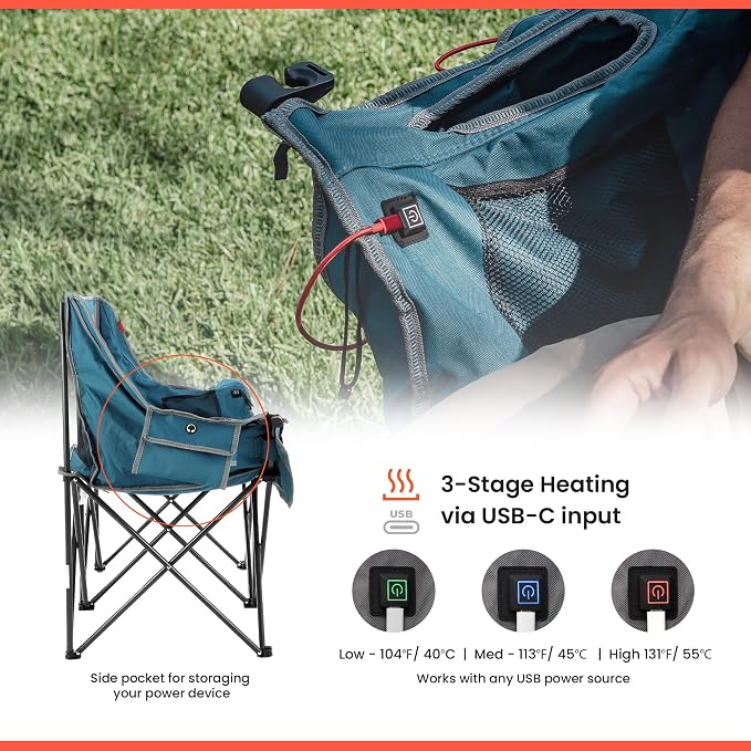 ARROWHEAD OUTDOOR 57 in Wide Duo Foldable Heated Camping Loveseat Chair | 57 in, 3-Stage Heating, Large Cup Holders, Glass Holders, Side Pockets, and Storage Pouches, and Grey, Beach, Tailgating