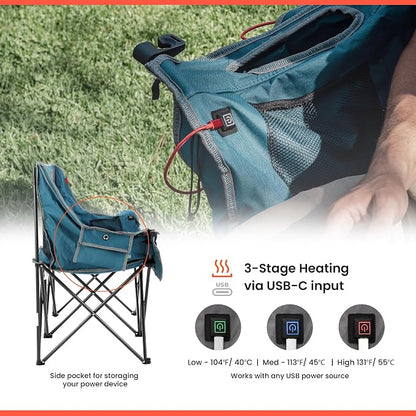 ARROWHEAD OUTDOOR 57 in Wide Duo Foldable Heated Camping Loveseat Chair | 57 in, 3-Stage Heating, Large Cup Holders, Glass Holders, Side Pockets, and Storage Pouches, and Grey, Beach, Tailgating