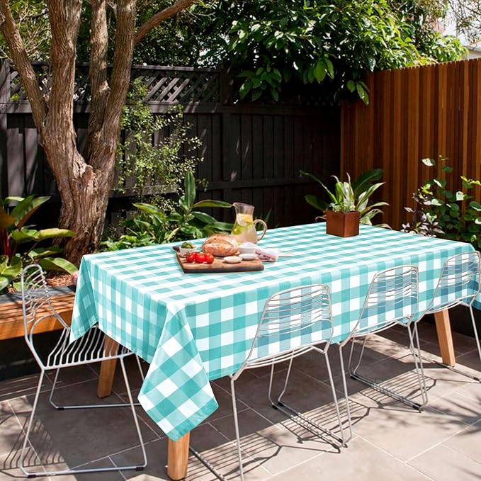 Hiasan Checkered Tablecloth Rectangle, 70 x 140 Inch - Waterproof and Wrinkle Resistant Table Cloth for Picnic, Dinner and Party, Washable Polyester Fabric, Aqua and White Gingham Pattern