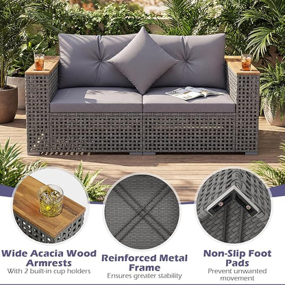 Tangkula 62.5" Large Patio Wicker Loveseat with Acacia Wood Armrests & Cup Holders, Outdoor 2-Piece Rattan Corner Sofa with Cushions, Sectional Conversation Set for Garden Backyard Porch Balcony, Grey