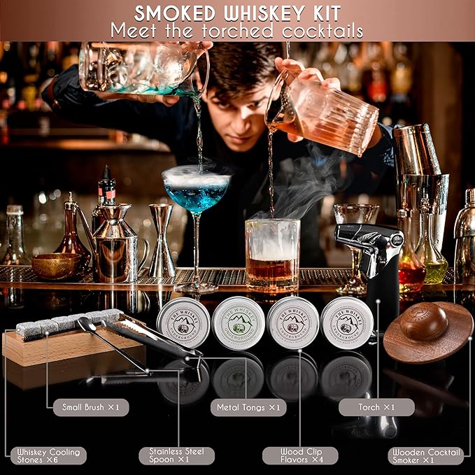 Bourbon, Whiskey Smoker Kit - Cocktail Smoking Kit with Butane Torch, Smoke Top, Whiskey Stones - Apple, Cherry, Oak, Walnut Wood Chips - Premium Wooden Box. No Butane