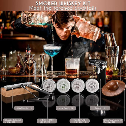 Bourbon, Whiskey Smoker Kit - Cocktail Smoking Kit with Butane Torch, Smoke Top, Whiskey Stones - Apple, Cherry, Oak, Walnut Wood Chips - Premium Wooden Box. No Butane