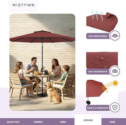 Midtown Umbrellas - 10-Year-No-Fade 9 Ft Patio Umbrella with Terylast Fabric, Auto-Tilt Aluminum Frame and 8 Reinforced Ribs for Deck, Pool, Garden & Beach - Cherry Burgundy Canopy, Black Pole