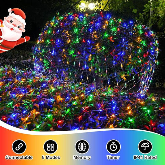 QITONG Net Lights Outdoor Mesh Lights, 12ft x 5ft 360 LED Multicolor Christmas Light with 8 Modes, Connectable Clear Wire Bush Light Plug in