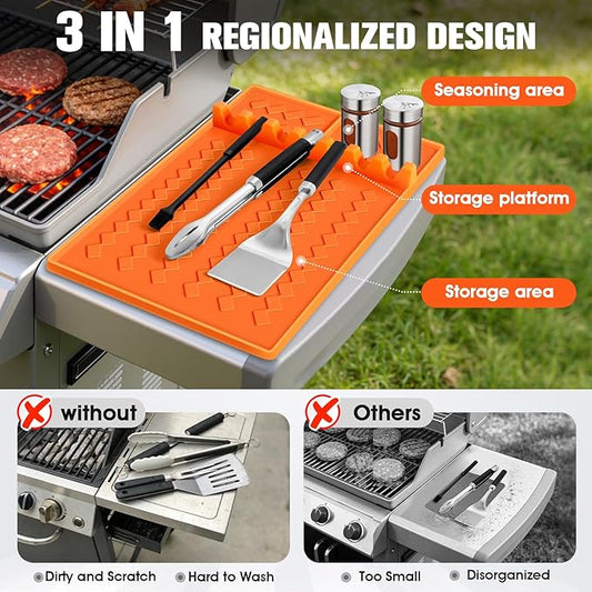 2 Pack Silicone Grill Mat Compatible with Blackstone,Silicone Griddle Tools Mat with Drip Pad, 16.5"x11.5" Side Shelf Spatula Mat for Griddle, BBQ Grill Accessories for Outdoor Dad-Orange