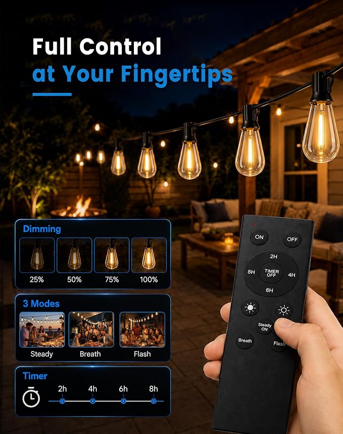 60FT(50+10) Outdoor String Lights, 2FT Spacing 25 LED Edison Bulbs, Waterproof, Shatterproof, Dimmable, Warm White, 3 Modes, Timer, Plug in Hanging Backyard Lights for Outside, Patio